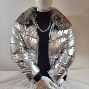 New JORDAN Criag Puffer Fur Coat Jacket Silver Size Large Quillted Zip Pockets